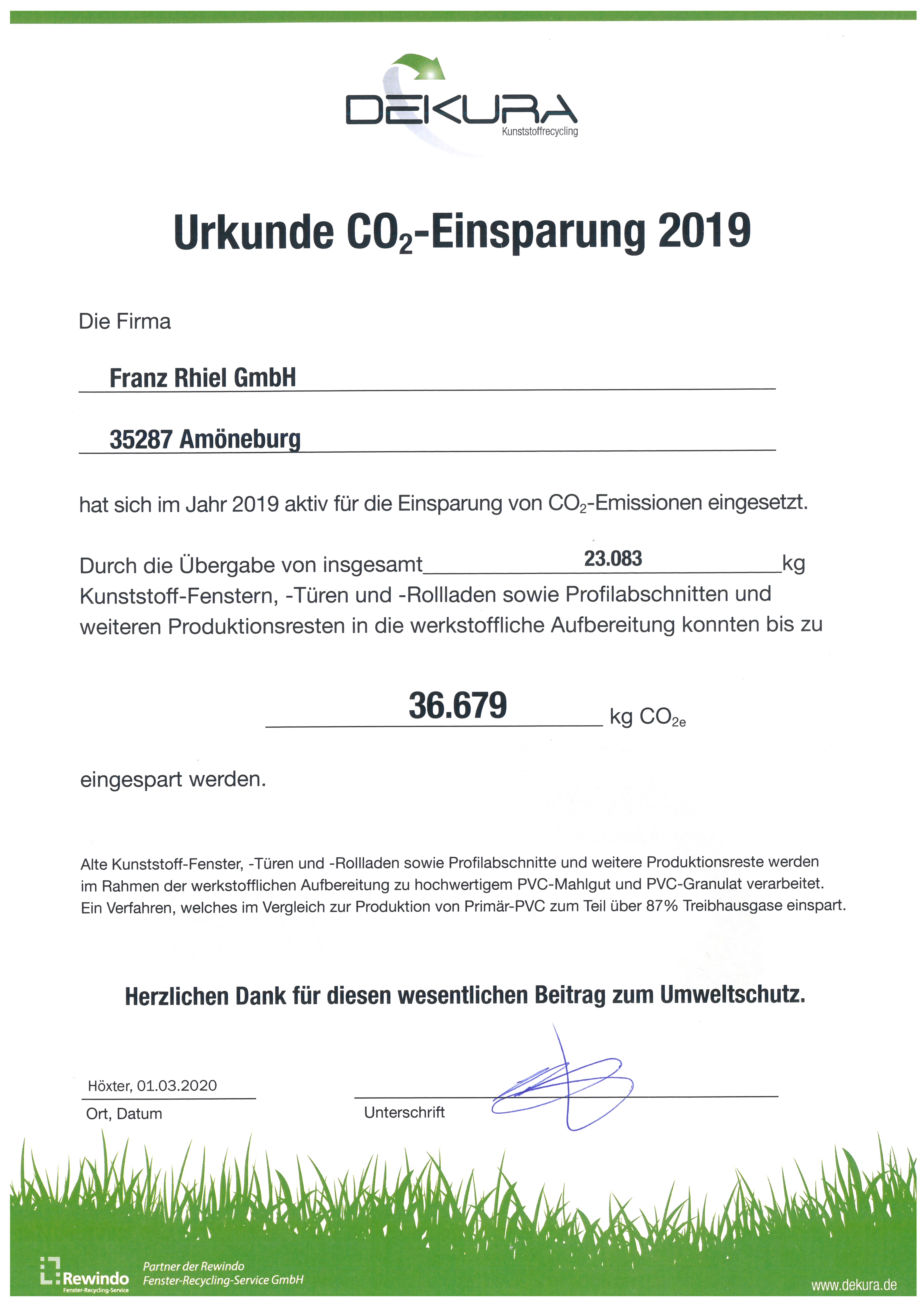 Urkunde Co2-Einsparung 2018