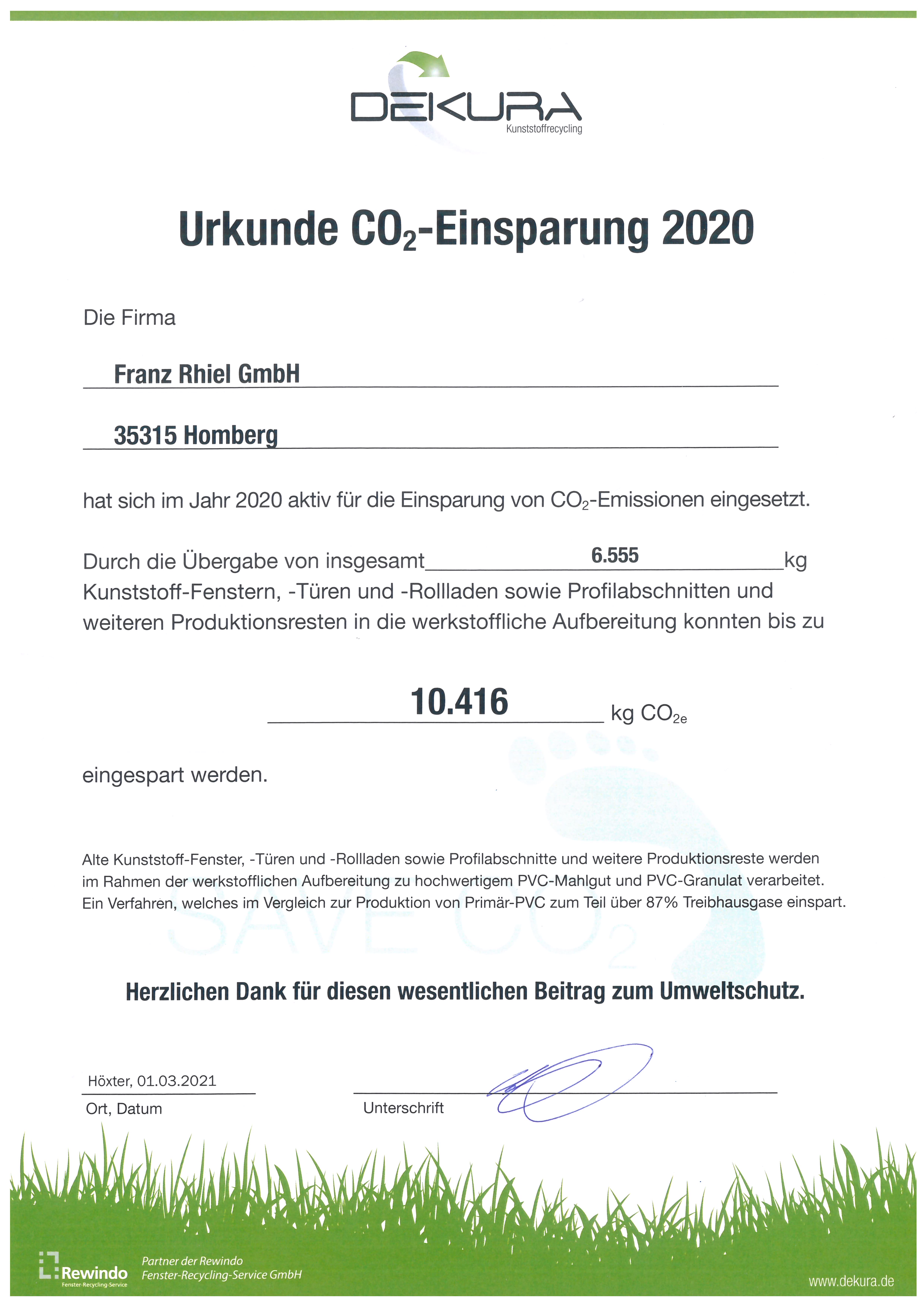Urkunde Co2-Einsparung 2020 Homberg
